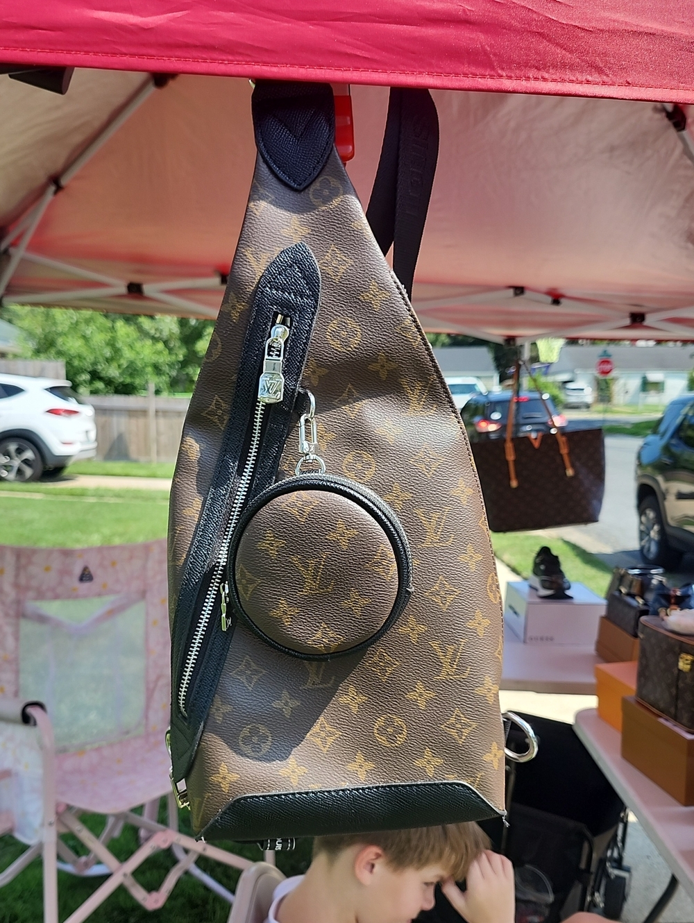 Fashion Brown Monogram Sling Belt Bag with Round Coin Pouch